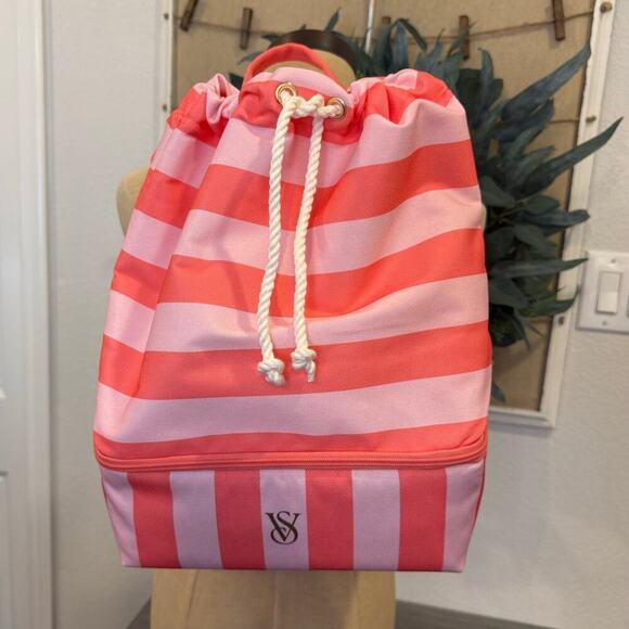 VICTORIA'S SECRET Pink Striped Backpack Bag with Cooler NEW - Picture 2 of 9